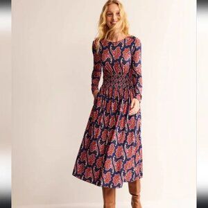 Boden Thea Midi Dress US 12R Paisley Amaryllis with Pink, Blue, and Orange Long